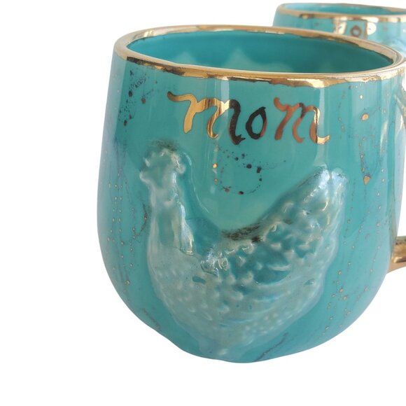 Kitsch Mugs 60s Vintage Ceramic Mom & Pop Rooster Hen Cups Turquoise Gold 24 oz - Picture 3 of 11